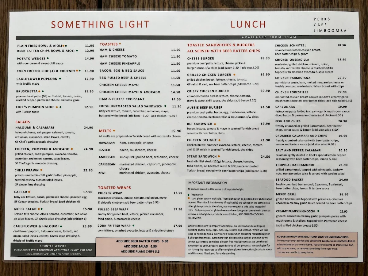 Menu, Perks Cafe