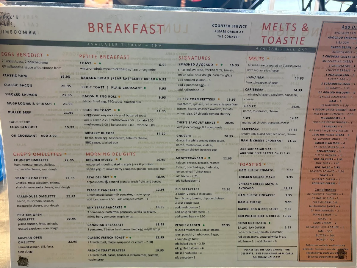Menu, Perks Cafe