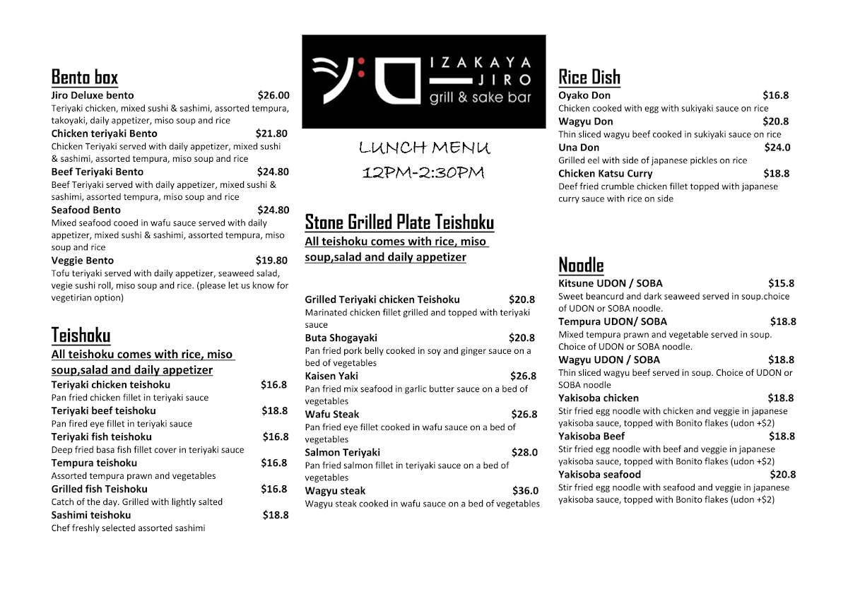 Menu, Izakaya Jiro