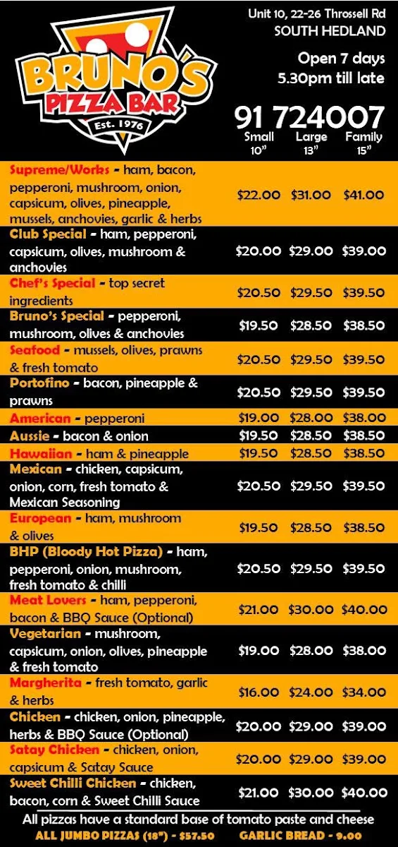 Menu, Bruno’s Pizza Bar