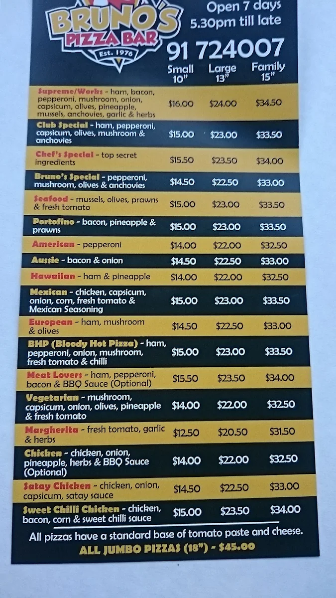 Menu, Bruno’s Pizza Bar