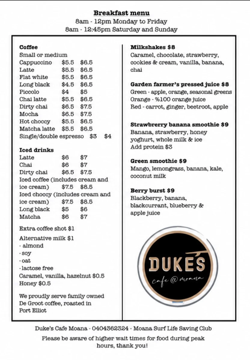 Menu, Duke’s Cafe Moana