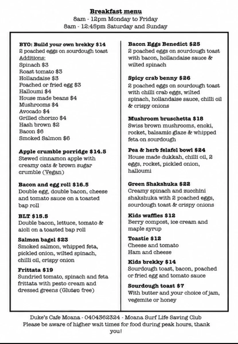Menu, Duke’s Cafe Moana