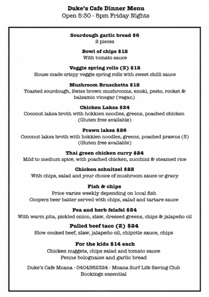 Menu, Duke’s Cafe Moana