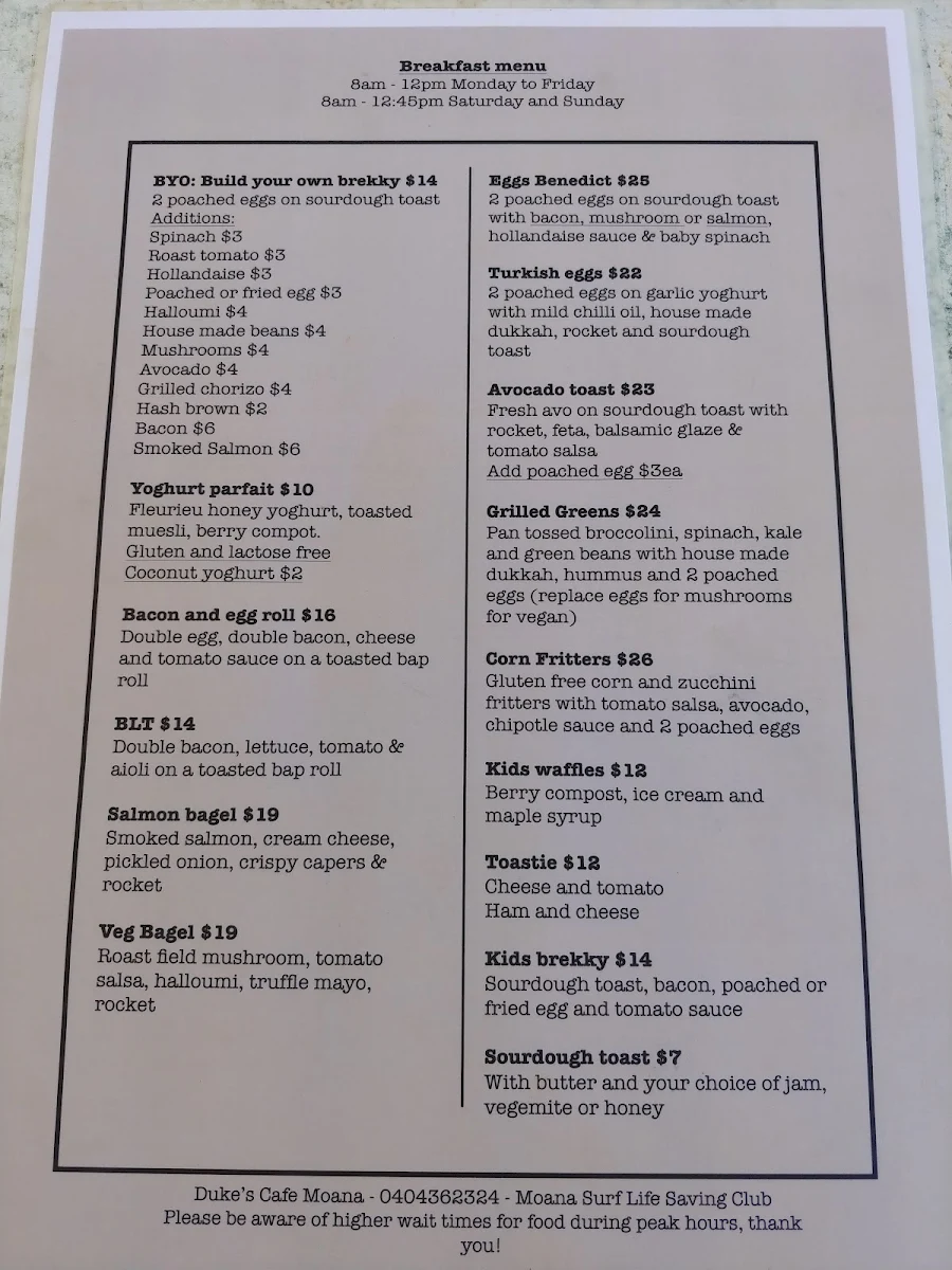 Menu, Duke’s Cafe Moana