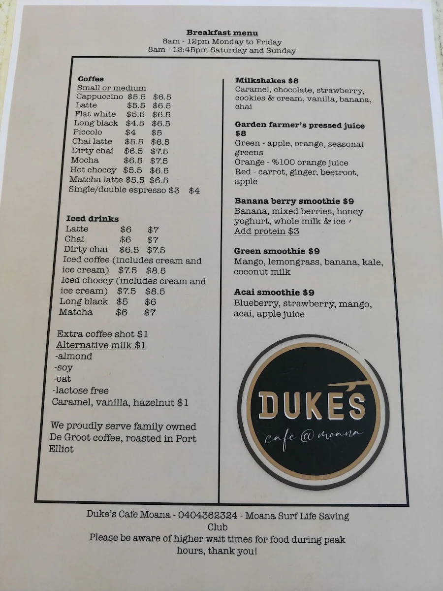 Menu, Duke’s Cafe Moana
