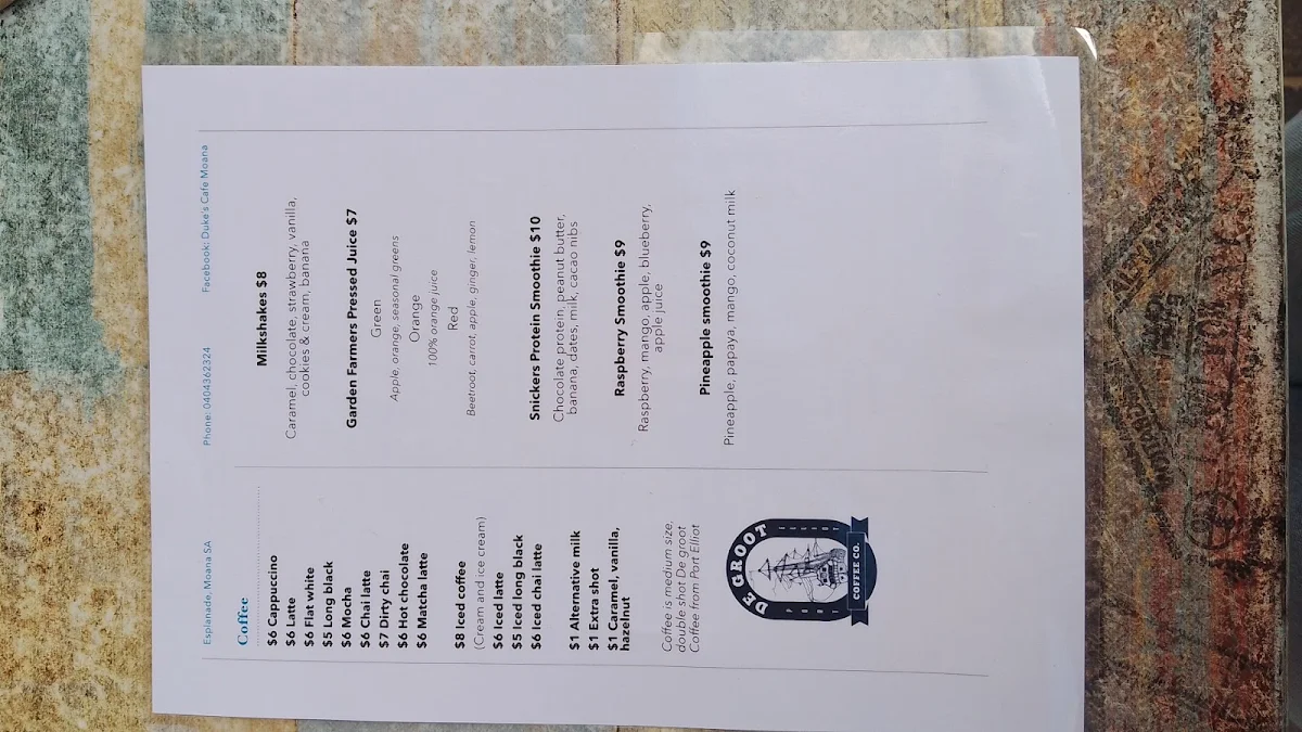 Menu, Duke’s Cafe Moana
