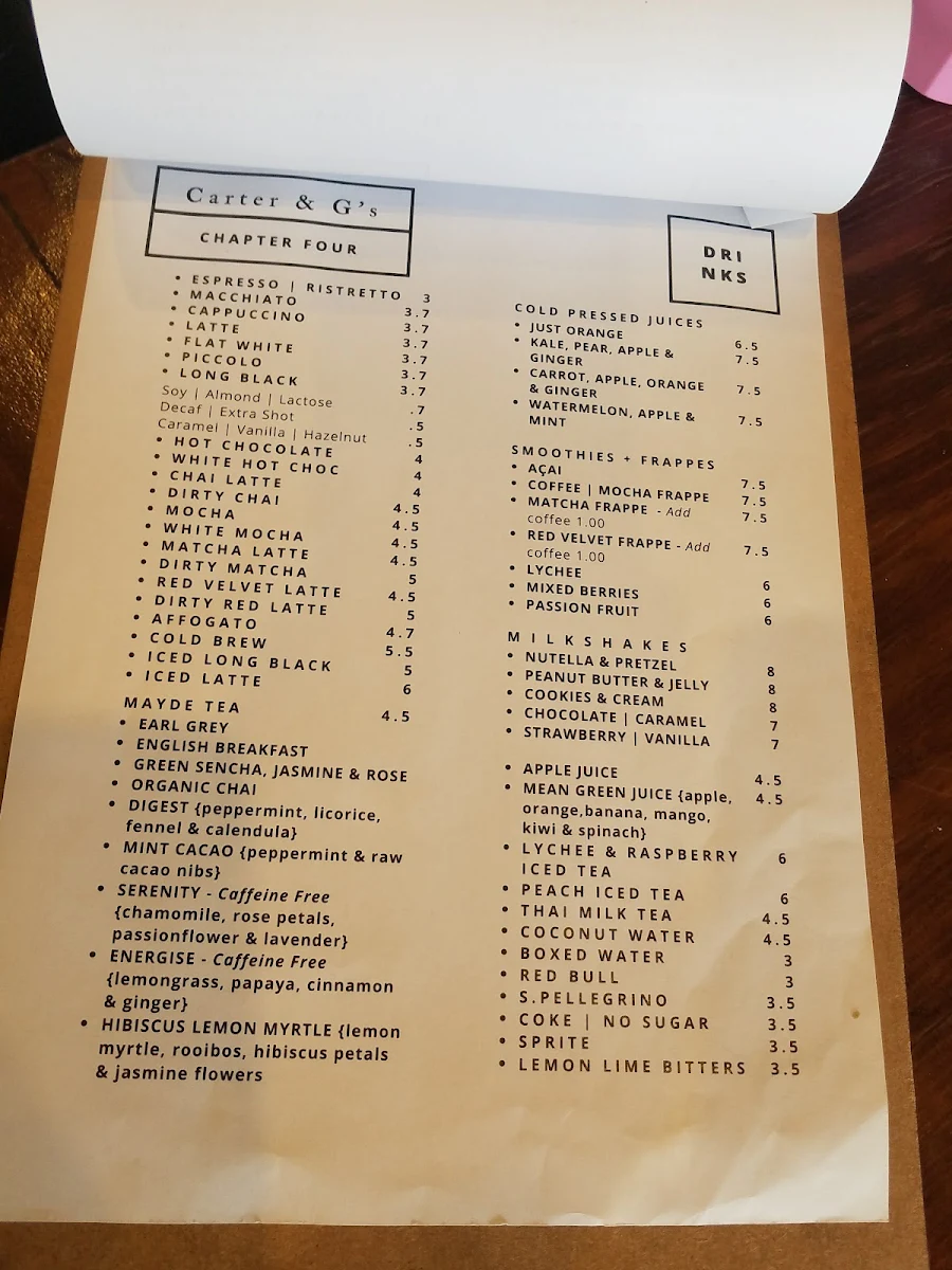 Menu, Carter & G's
