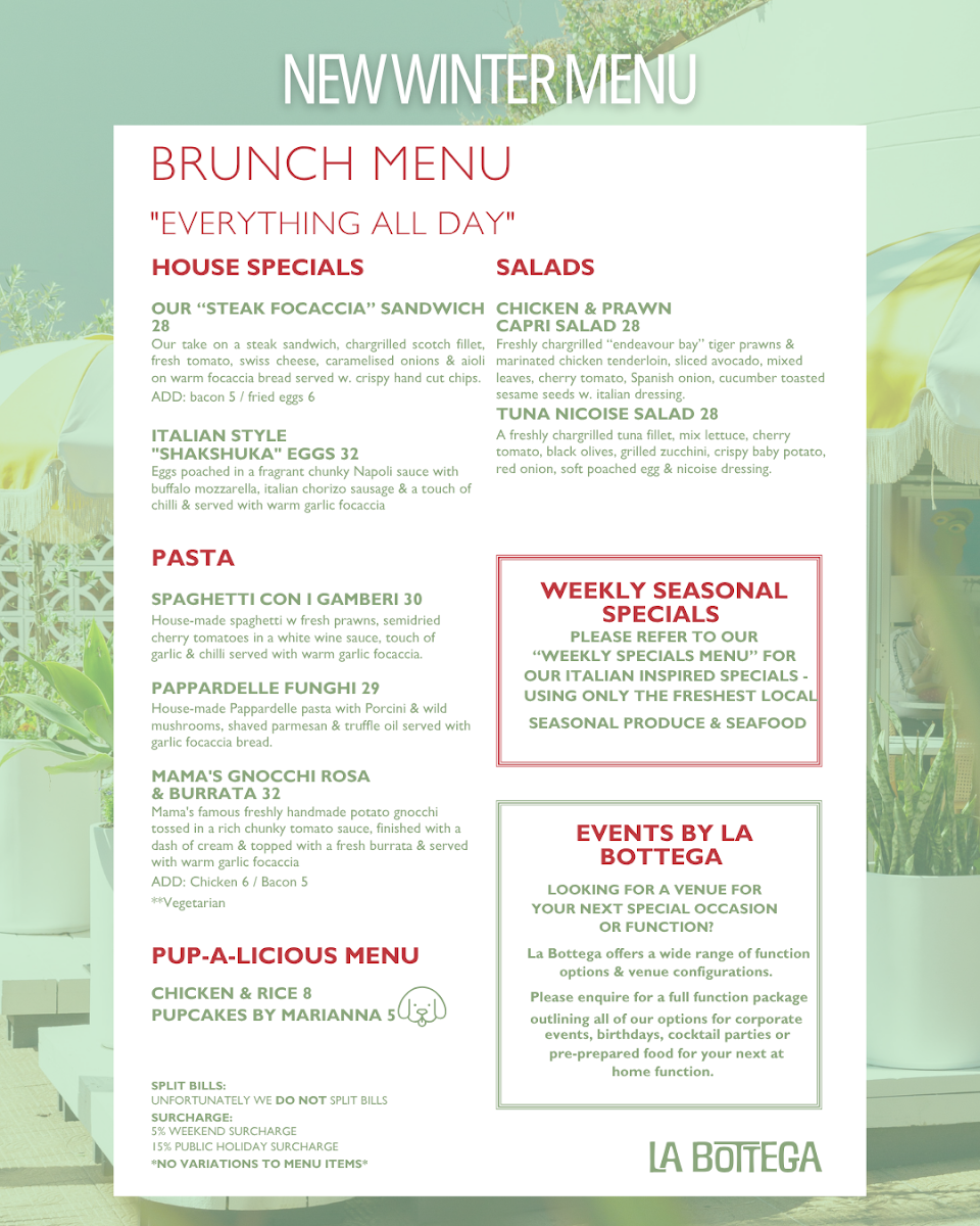Menu, La Bottega Leichhardt