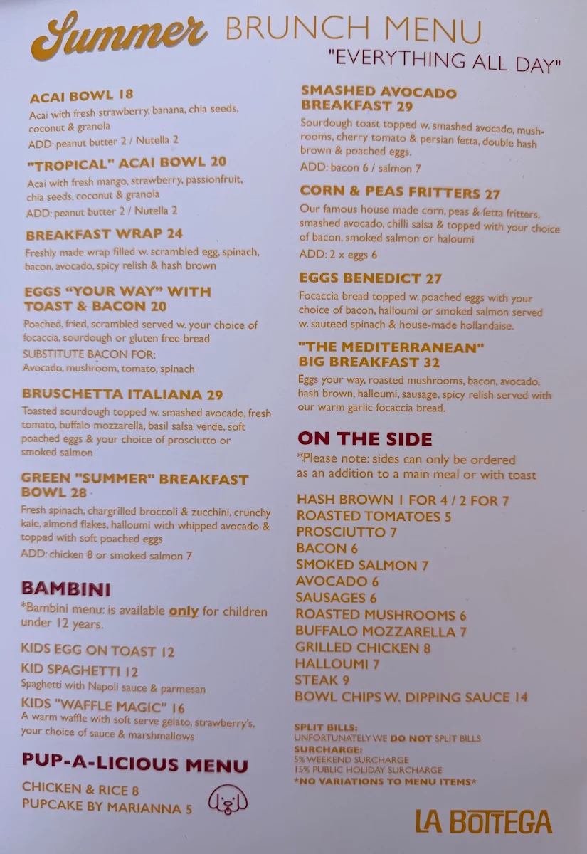 Menu, La Bottega Leichhardt