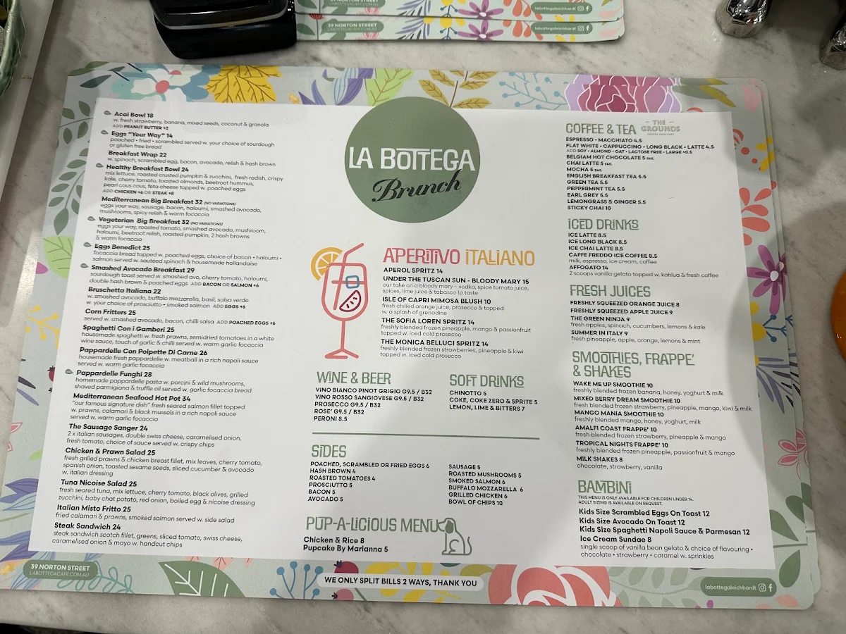 Menu, La Bottega Leichhardt
