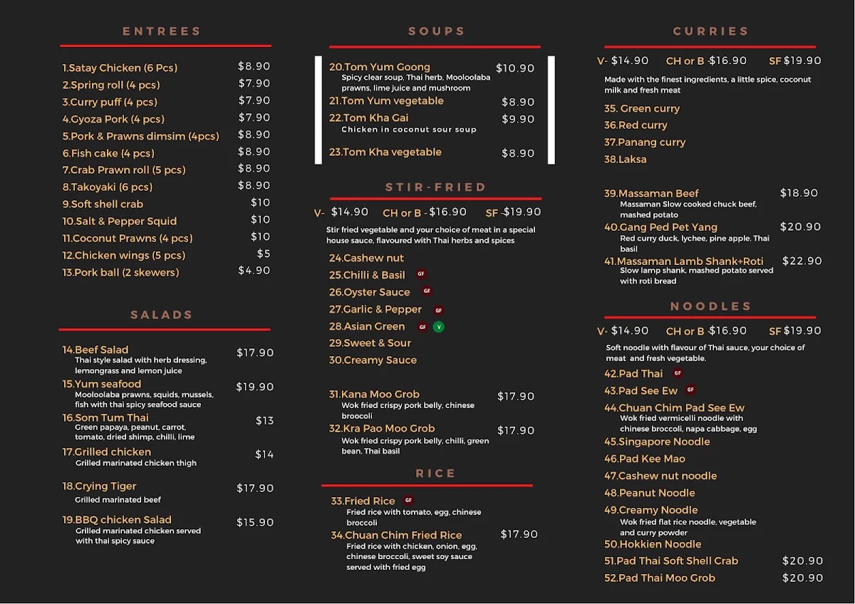Menu, Chuan Chim Thai Restaurant