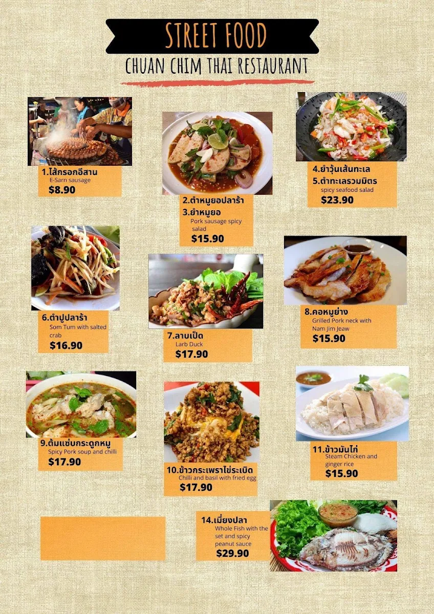 Menu, Chuan Chim Thai Restaurant