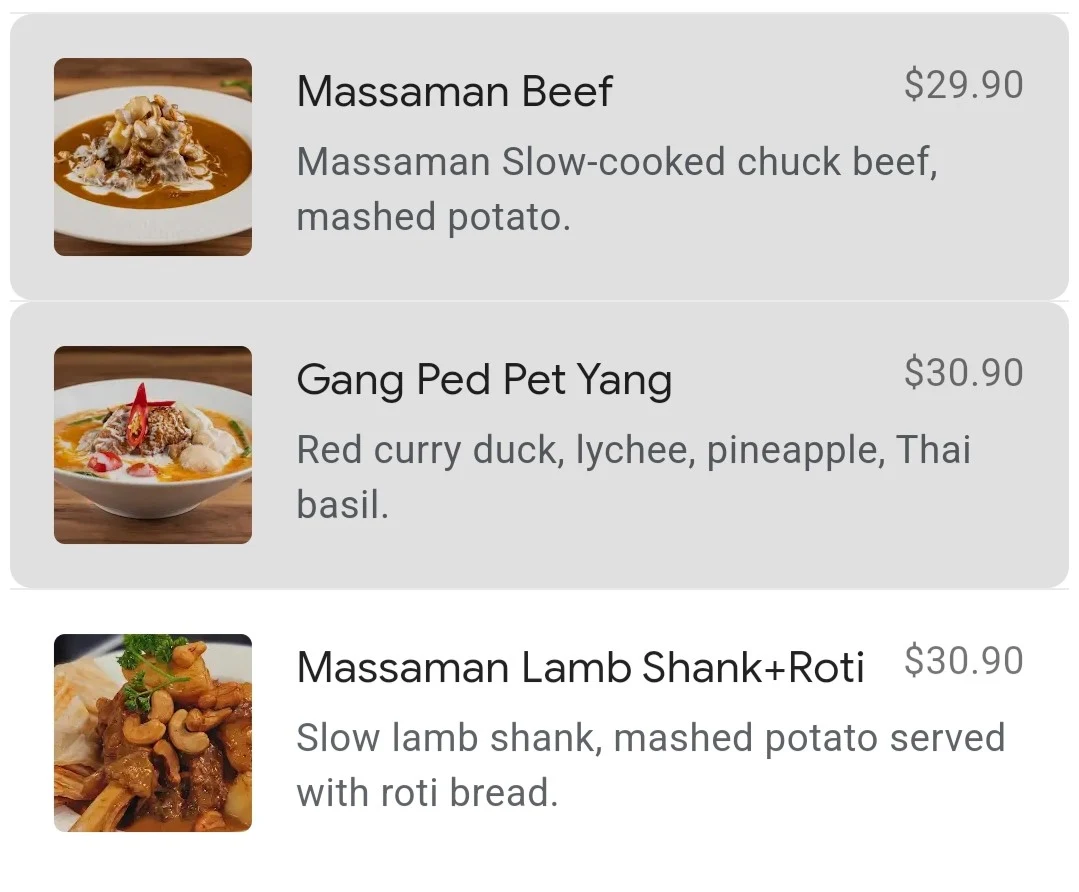 Menu, Chuan Chim Thai Restaurant