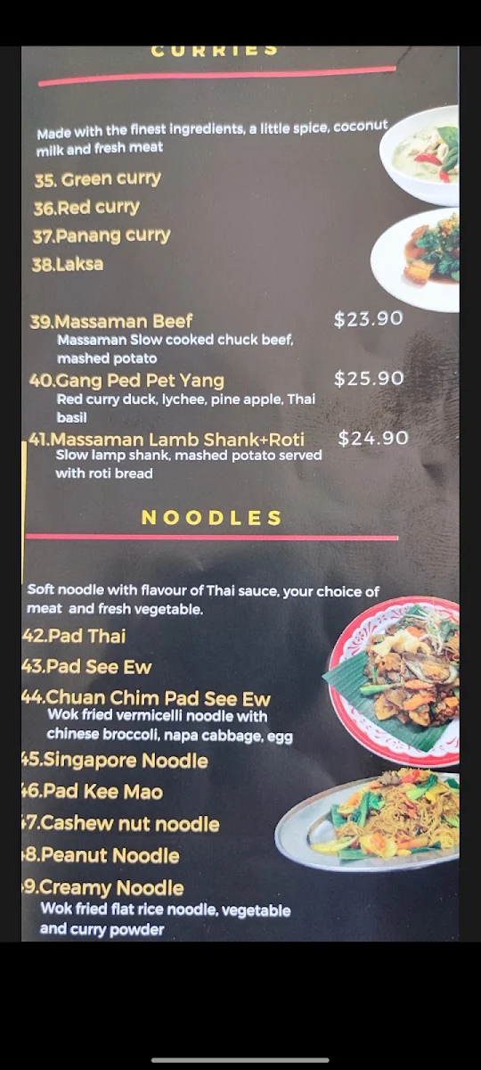 Menu, Chuan Chim Thai Restaurant