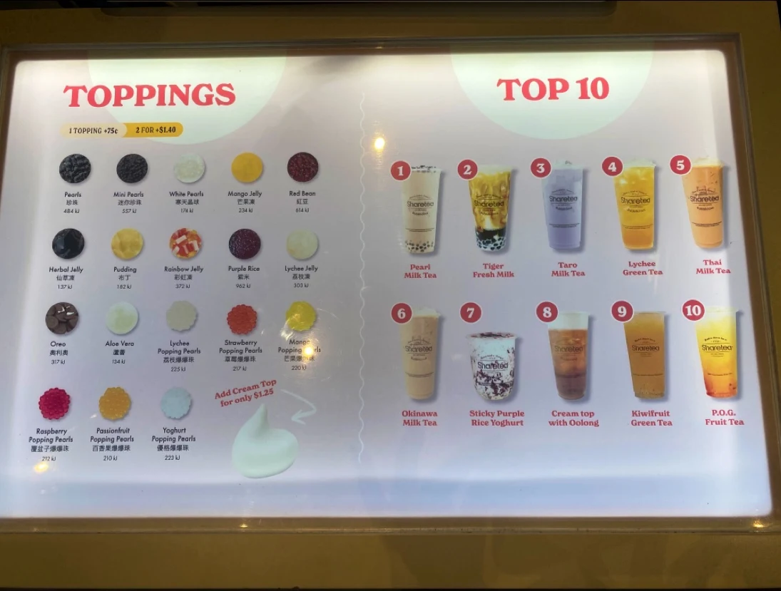 Menu, Sharetea Helensvale