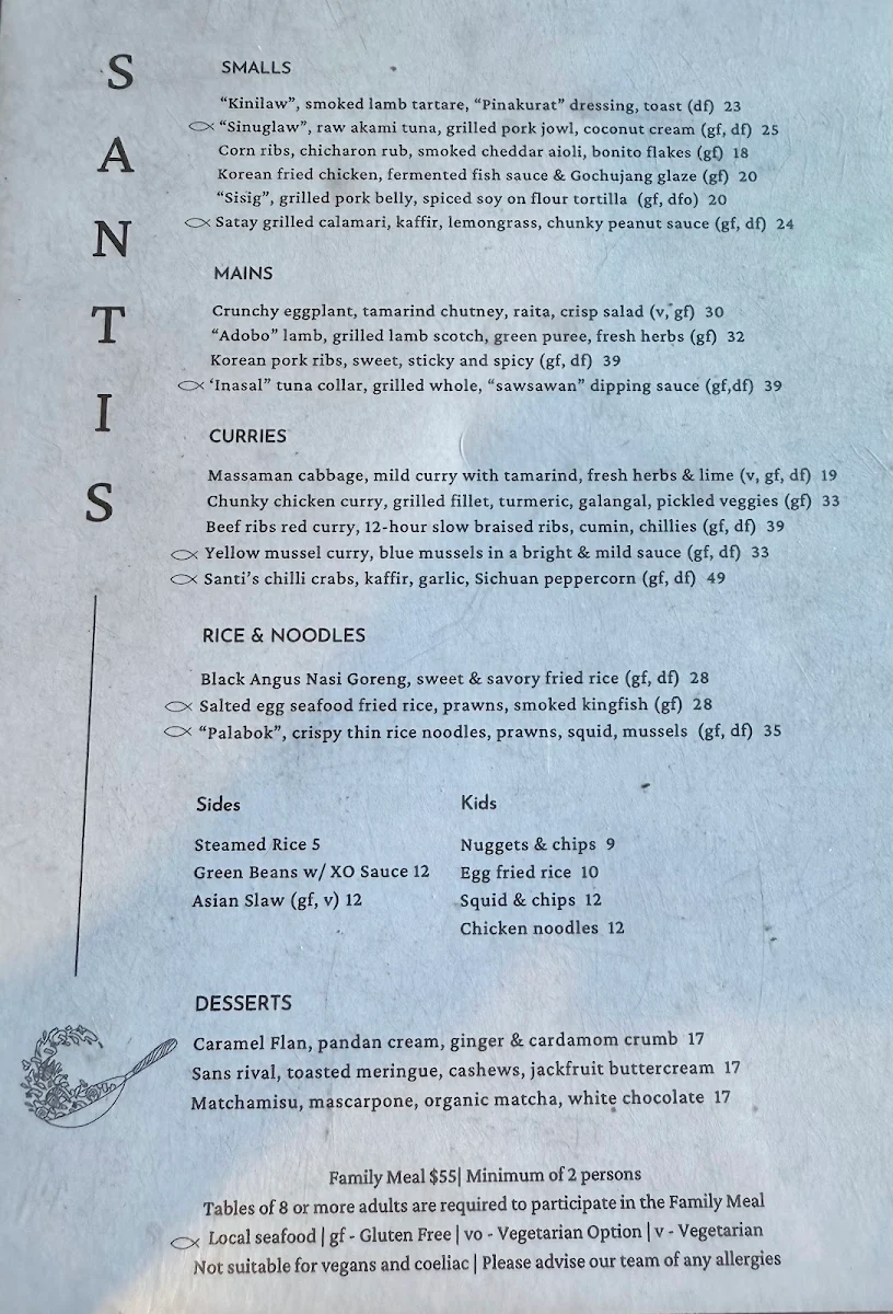 Menu, Santi's Port Lincoln