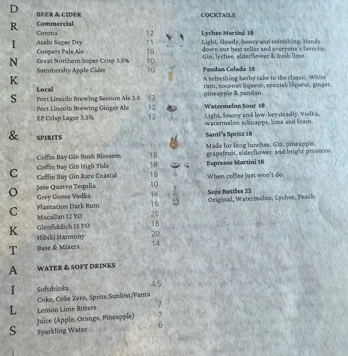 Menu, Santi's Port Lincoln