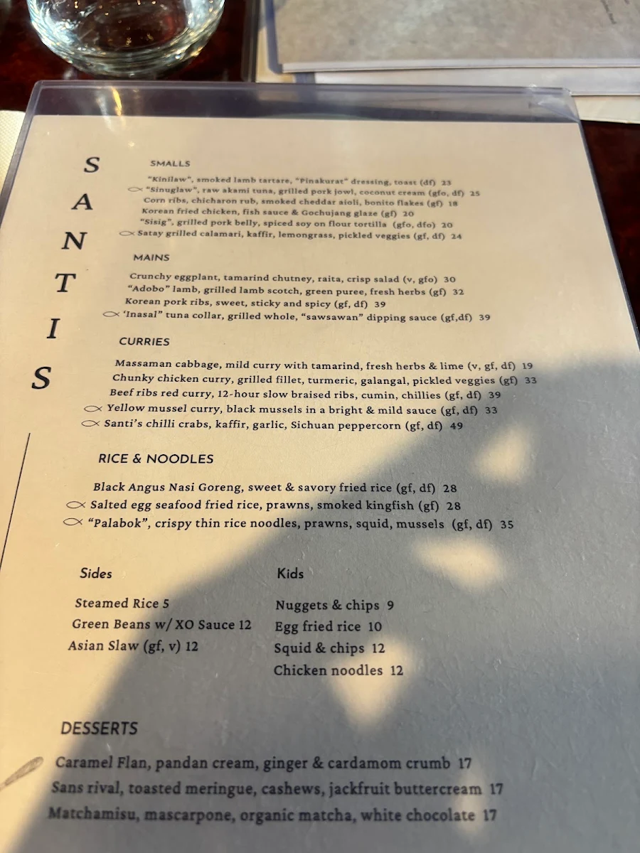 Menu, Santi's Port Lincoln