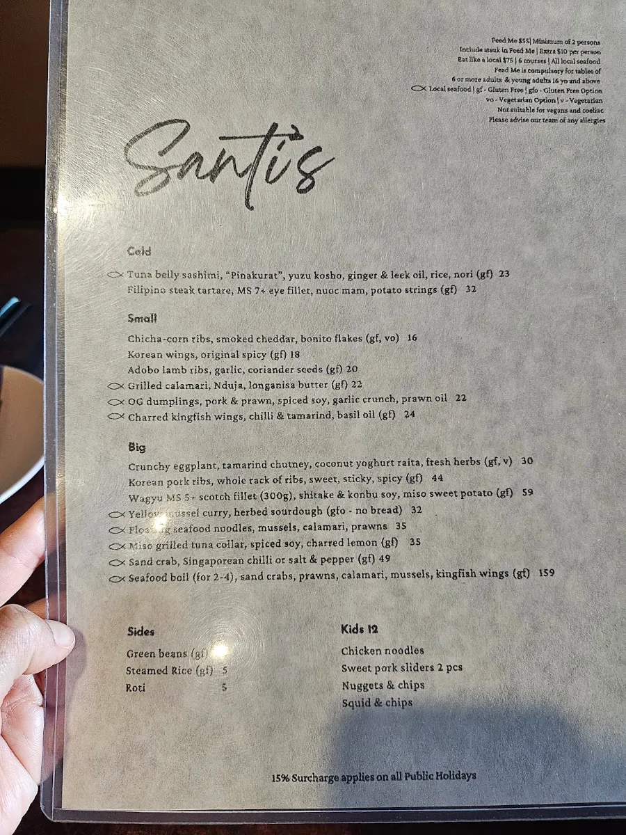 Menu, Santi's Port Lincoln