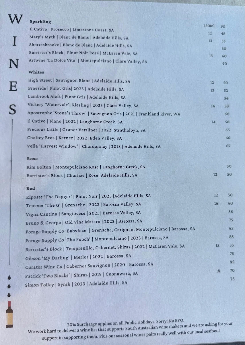 Menu, Santi's Port Lincoln