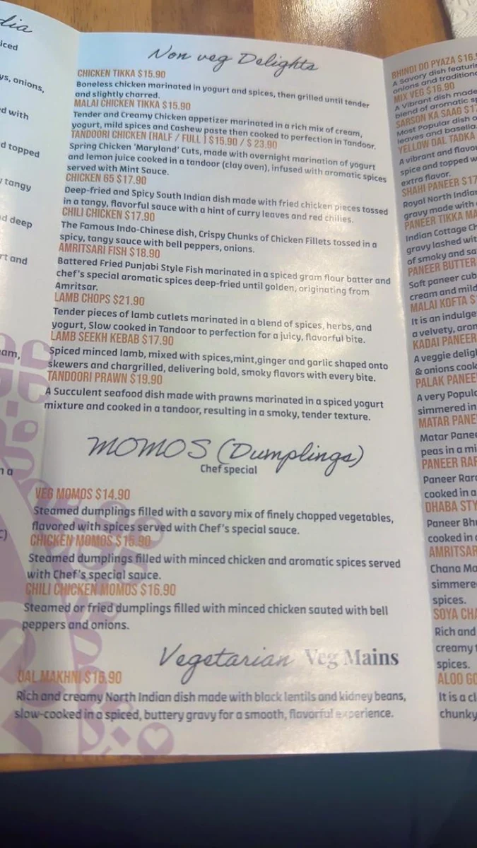 Menu, Daily Delight Indian Restaurant