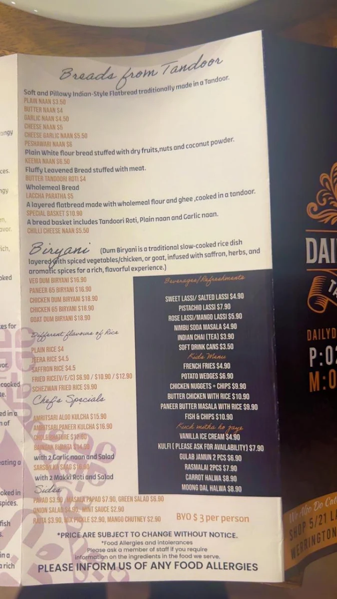 Menu, Daily Delight Indian Restaurant