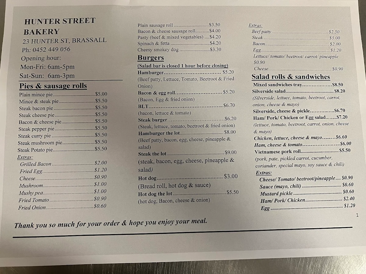 Menu, Hunter street bakery