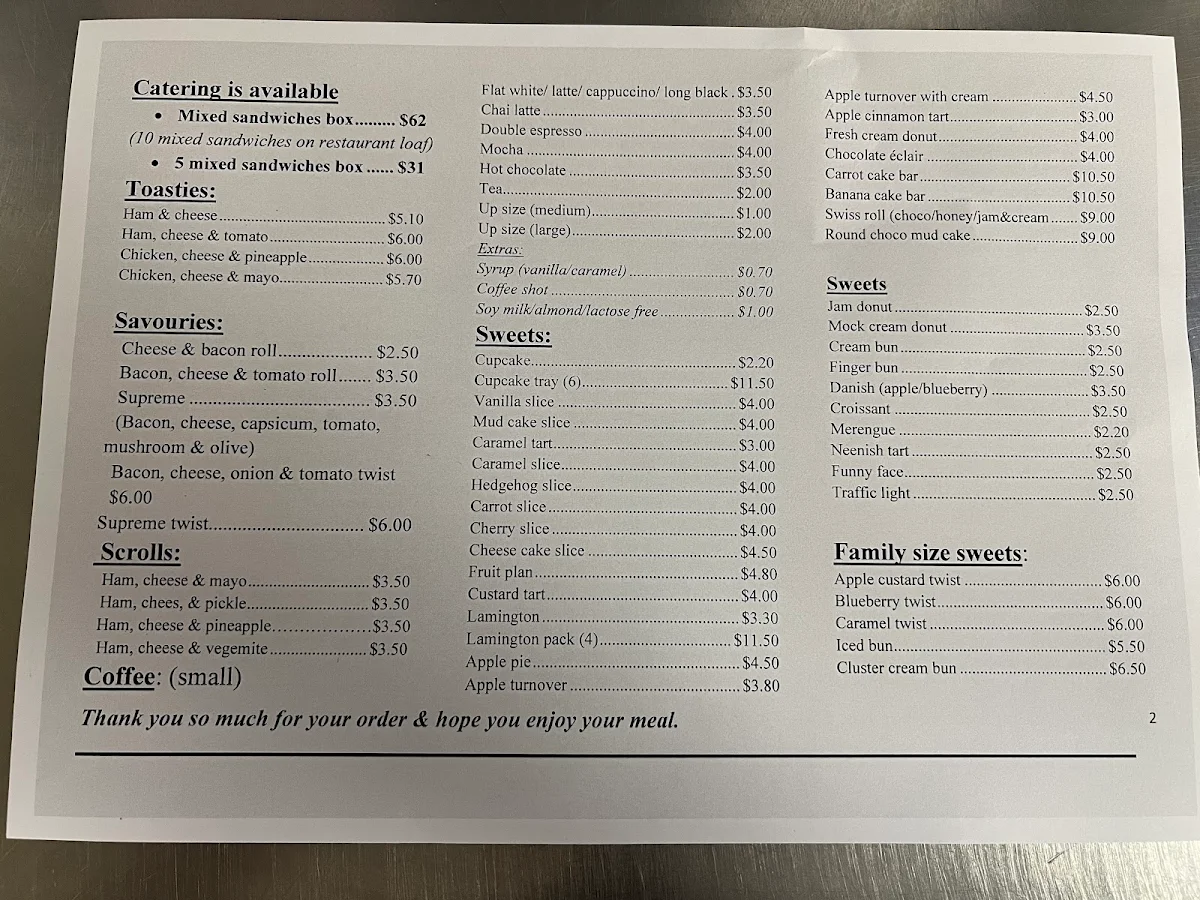 Menu, Hunter street bakery