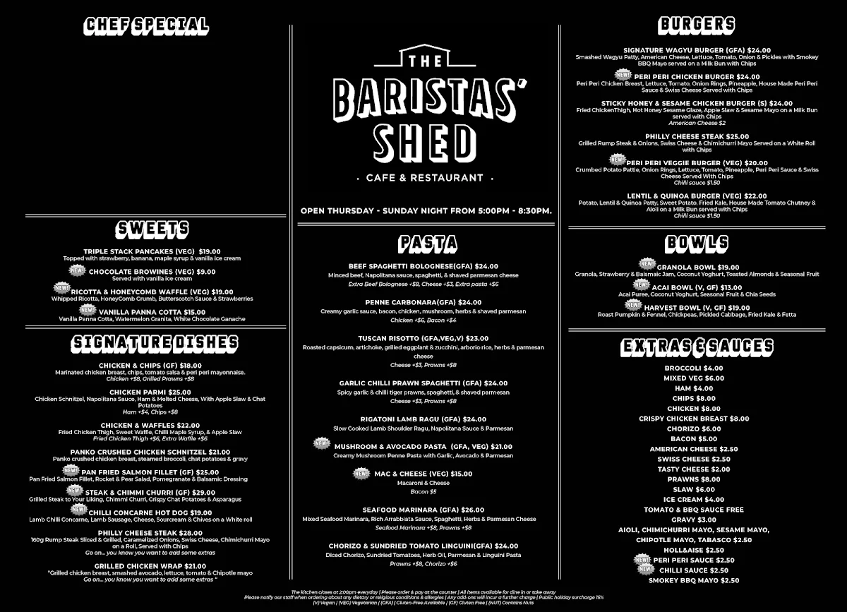 Menu, The Baristas' Shed