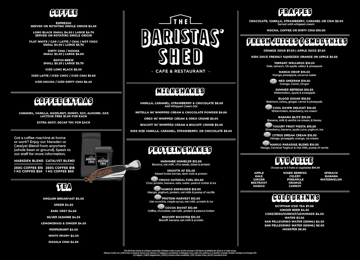 Menu, The Baristas' Shed