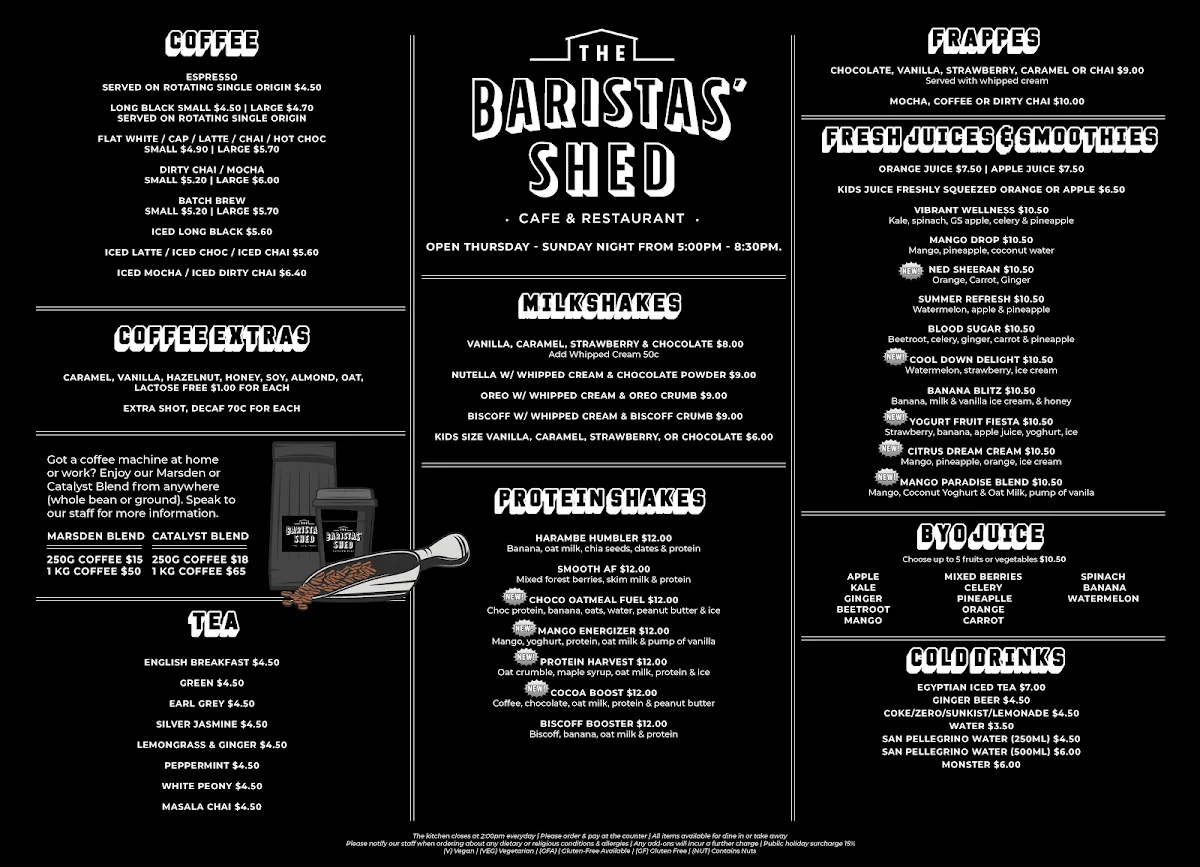 Menu, The Baristas' Shed