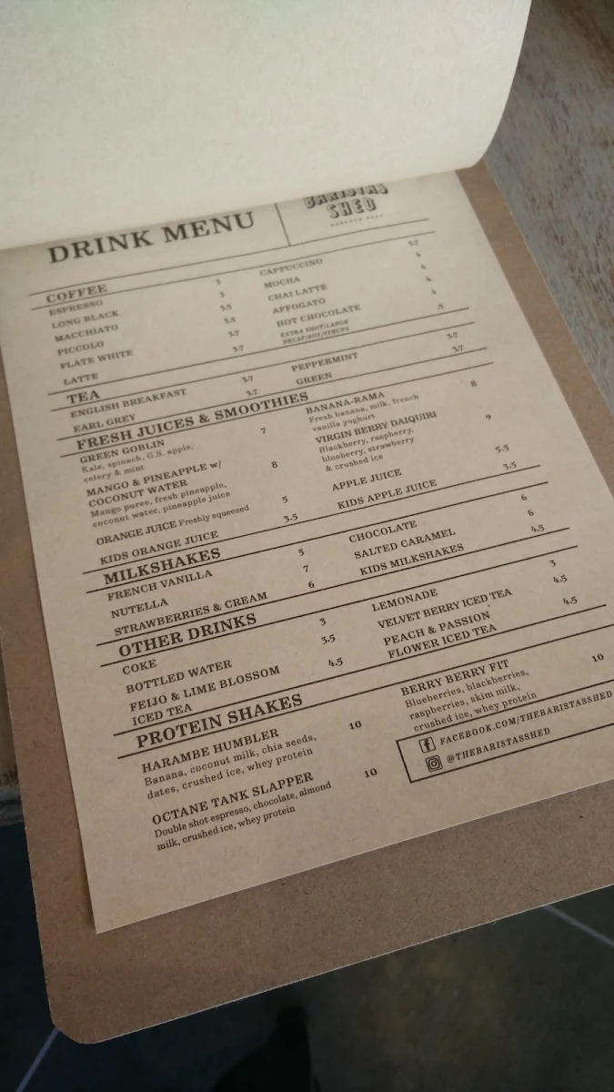 Menu, The Baristas' Shed