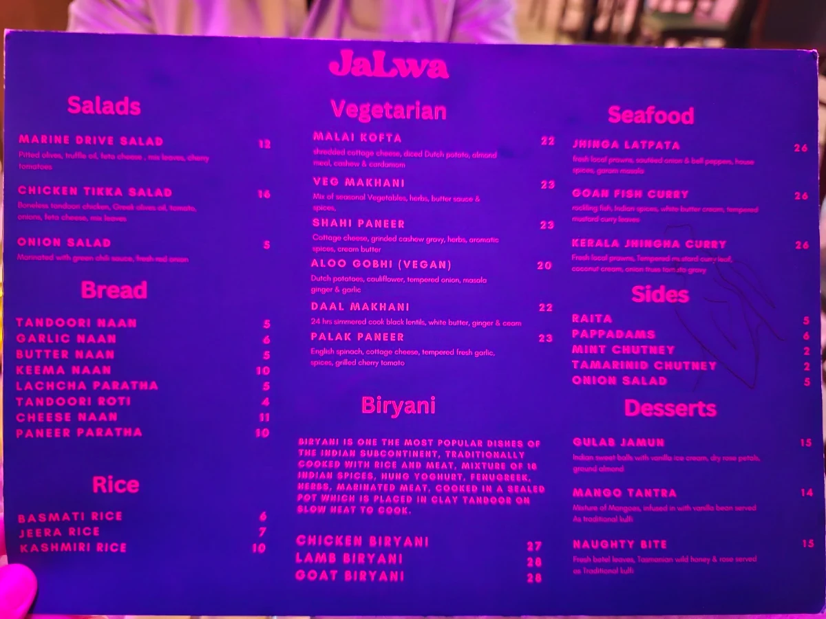 Menu, Jalwa - Indian Restaurant & Bar