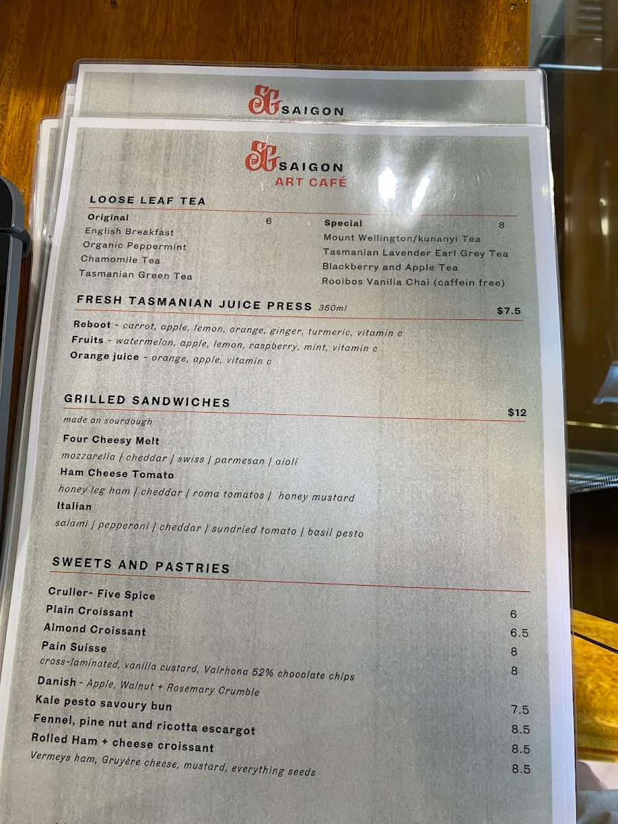 Menu, SaiGon Art Cafe