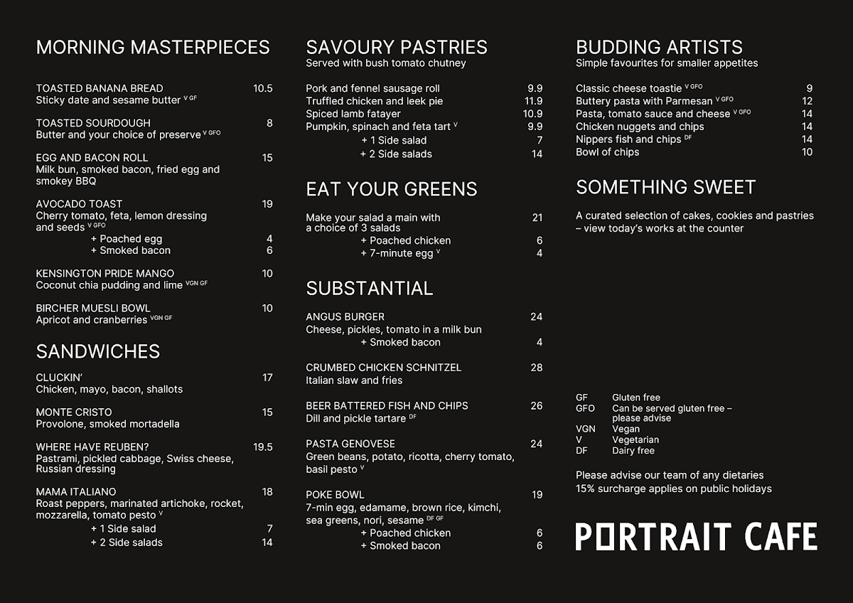 Menu, Portrait Cafe