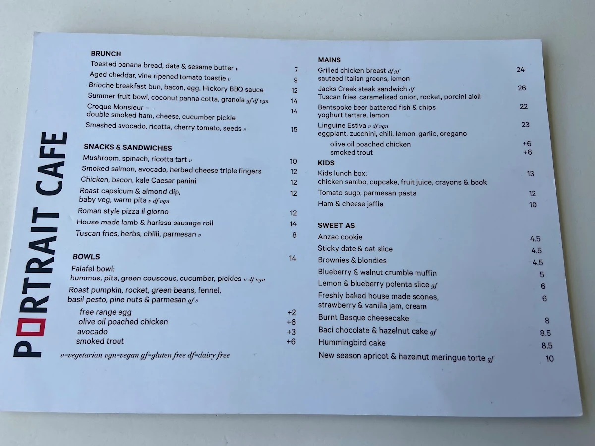 Menu, Portrait Cafe