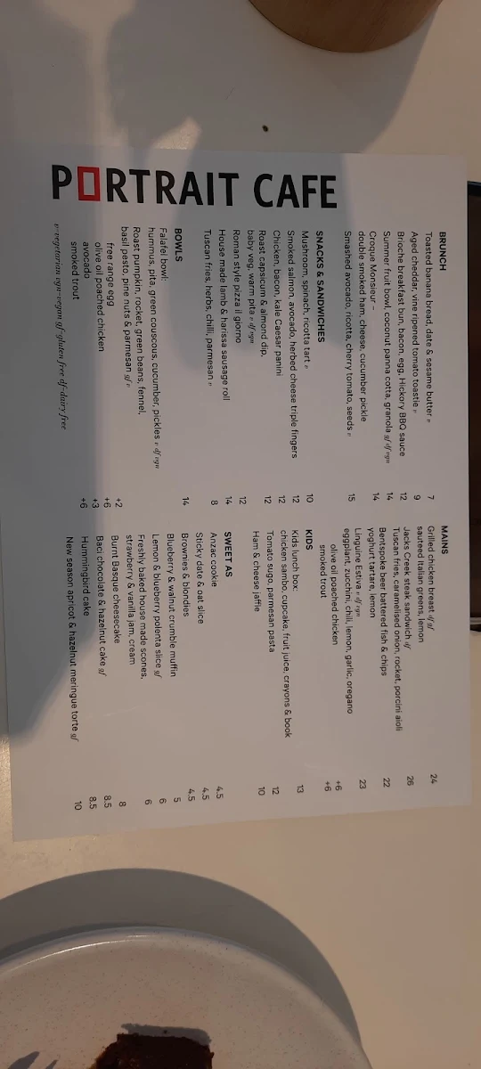 Menu, Portrait Cafe