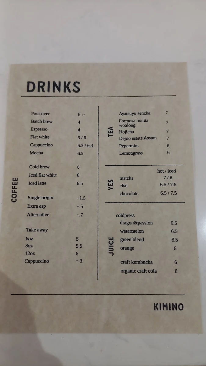 Menu, KIMINO
