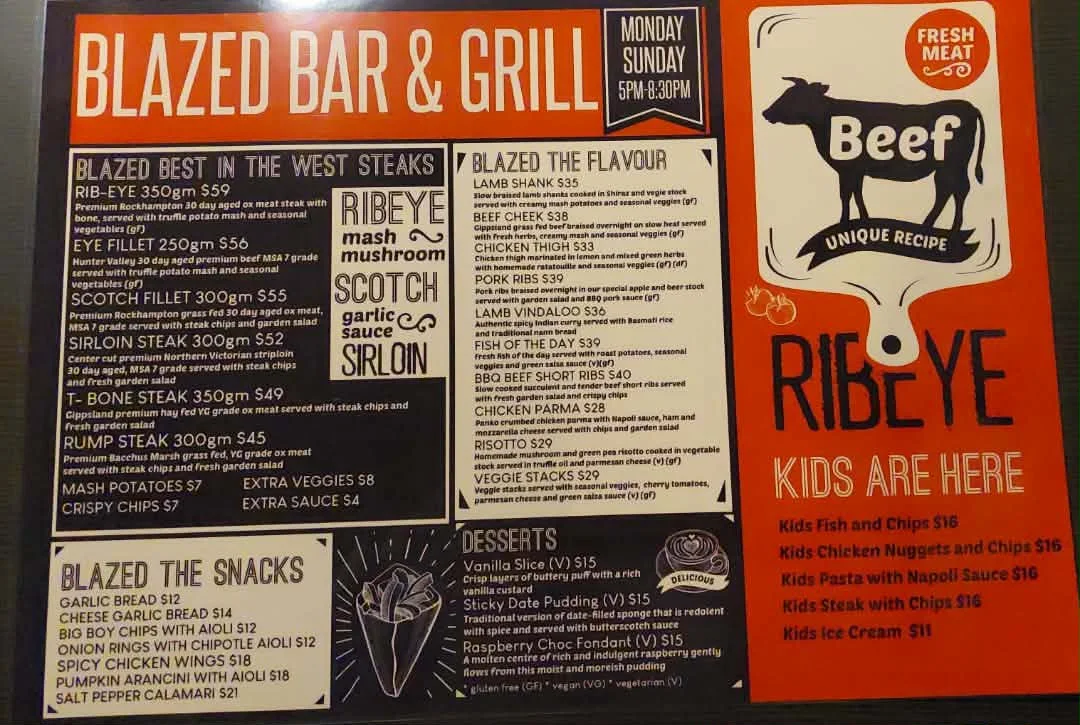 Menu, Blazed Bar & Grill