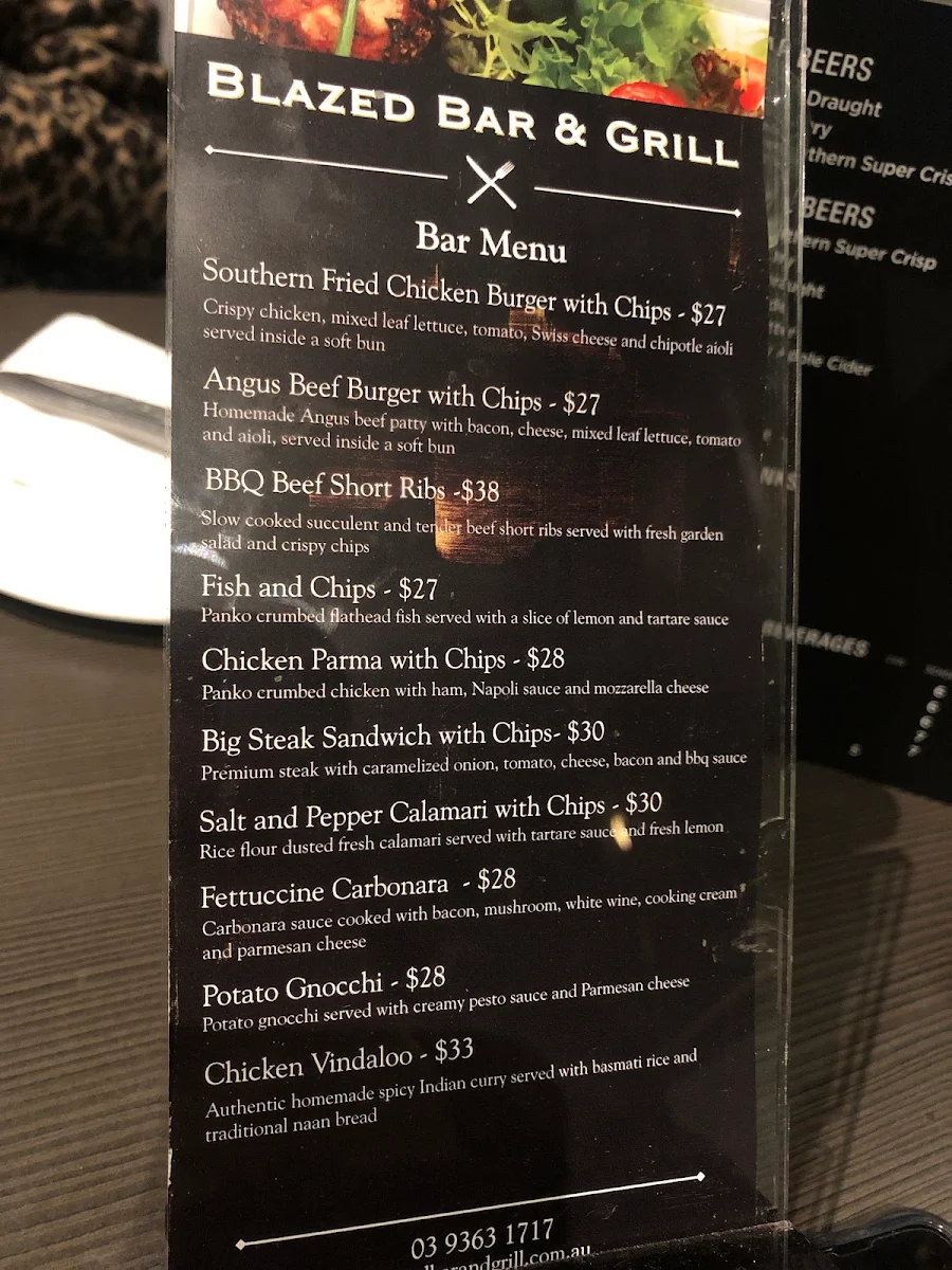 Menu, Blazed Bar & Grill