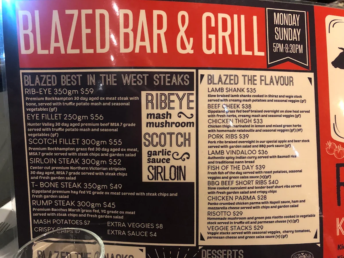 Menu, Blazed Bar & Grill