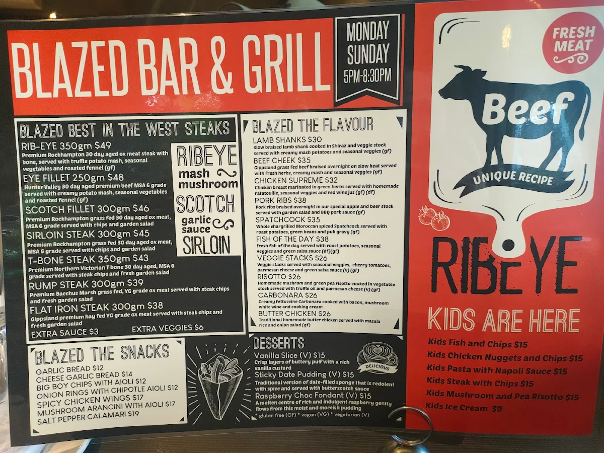 Menu, Blazed Bar & Grill