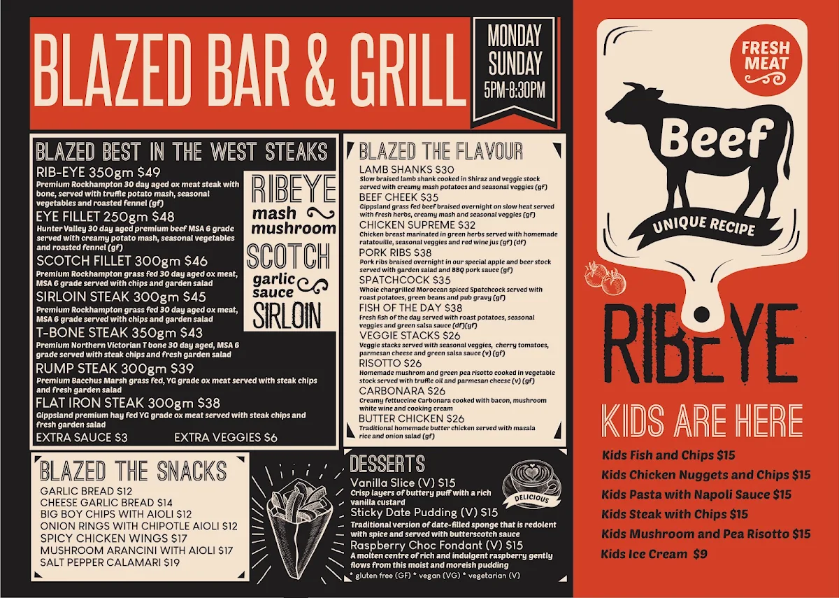 Menu, Blazed Bar & Grill