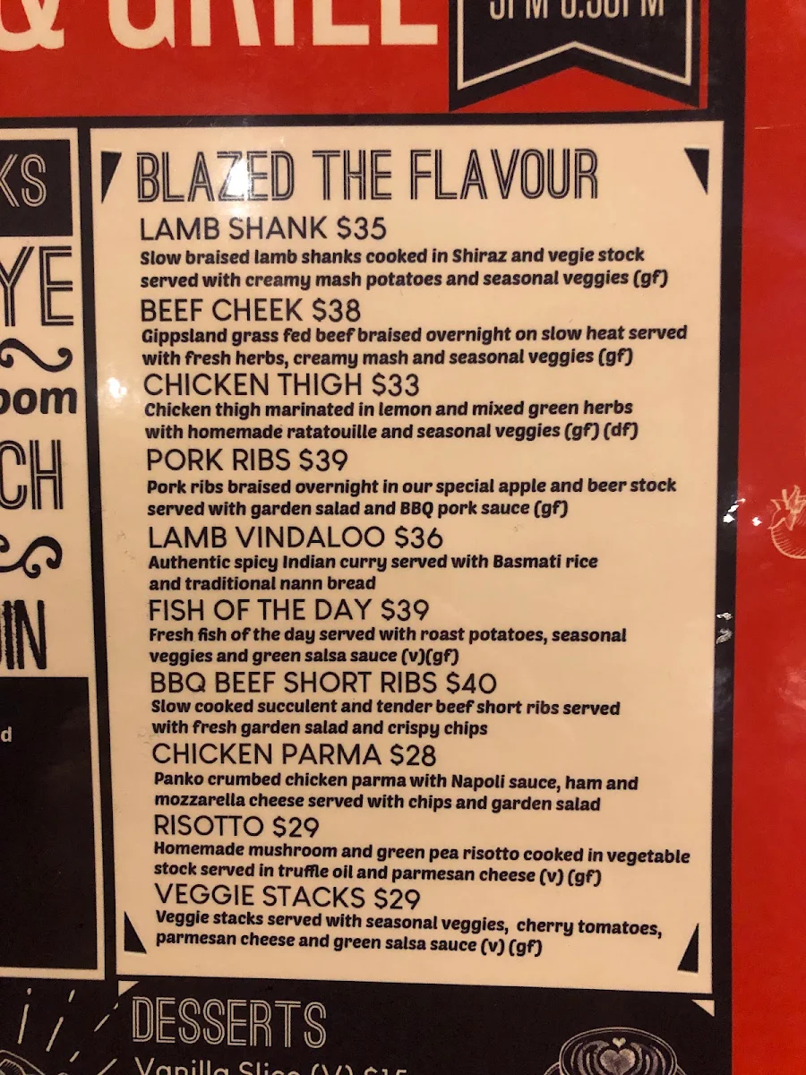 Menu, Blazed Bar & Grill