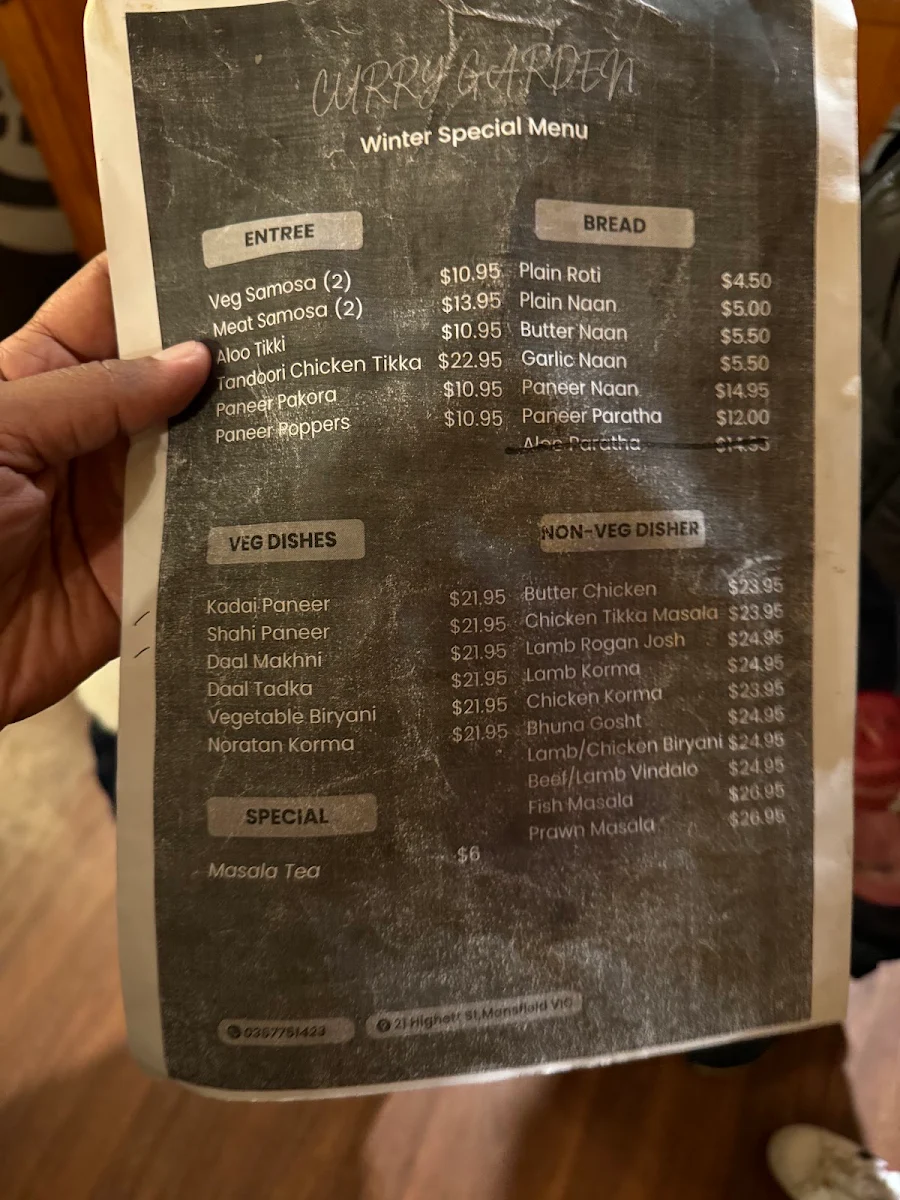 Menu, Curry Garden @ Mansfield