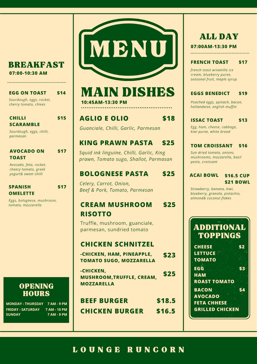 Menu, Lounge Runcorn