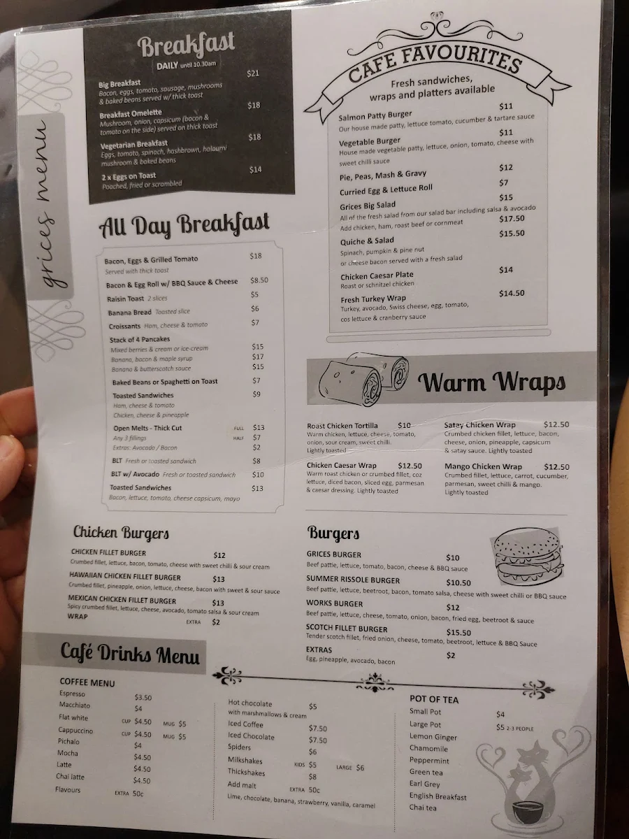 Menu, Grices Bakery Cafe