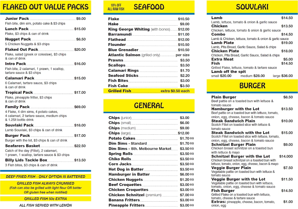 Menu, Flaked Out Fish & Chippery