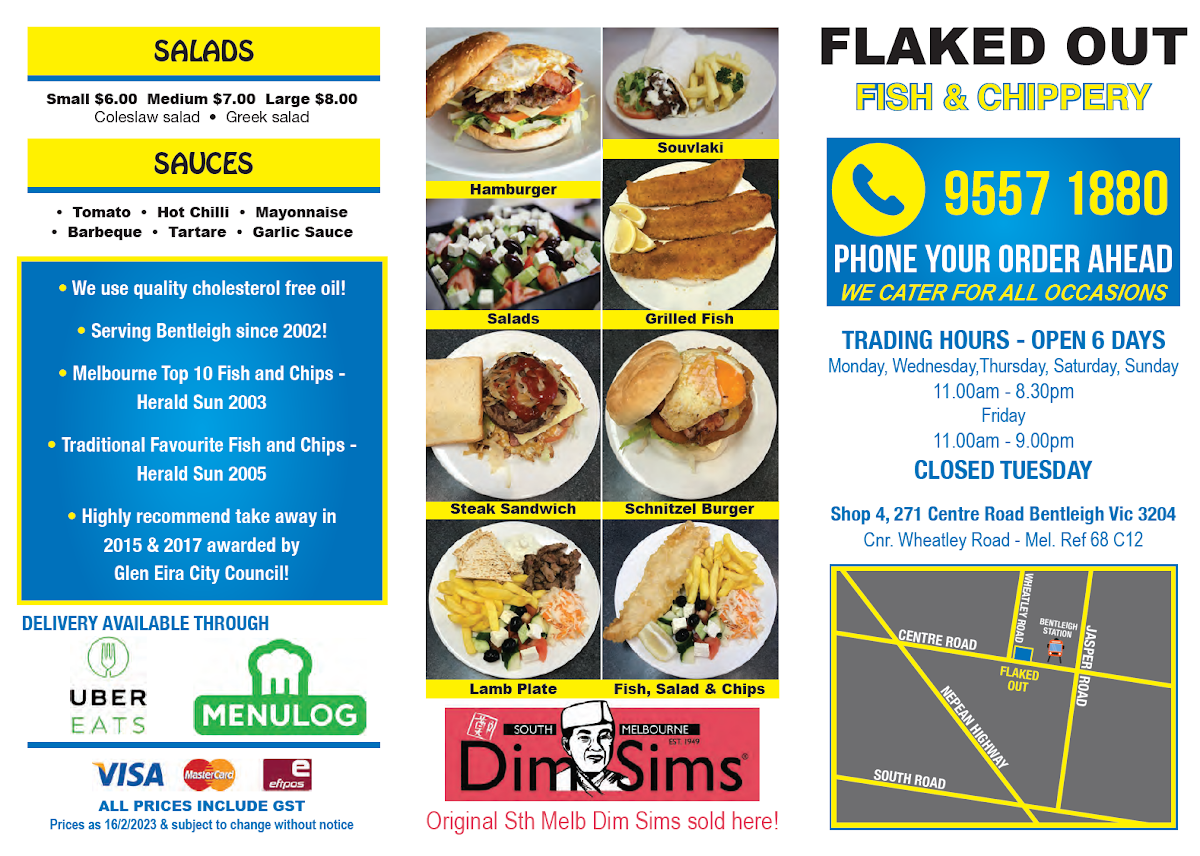 Menu, Flaked Out Fish & Chippery